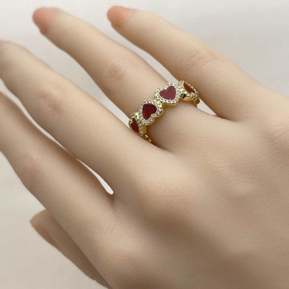 Oro Laminado Multi Stone Ring, Gold Filled Style Heart and Cluster Design, with Light Siam Mother of Pearl and White Micro Pave, Polished, Golden Finish