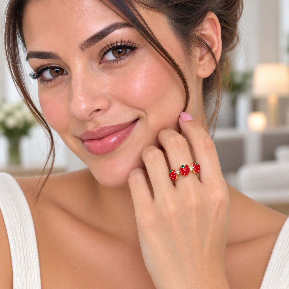 Oro Laminado Multi Stone Ring, Gold Filled Style Strawberry Design, with White Cubic Zirconia, Red Enamel Finish, Golden Finish