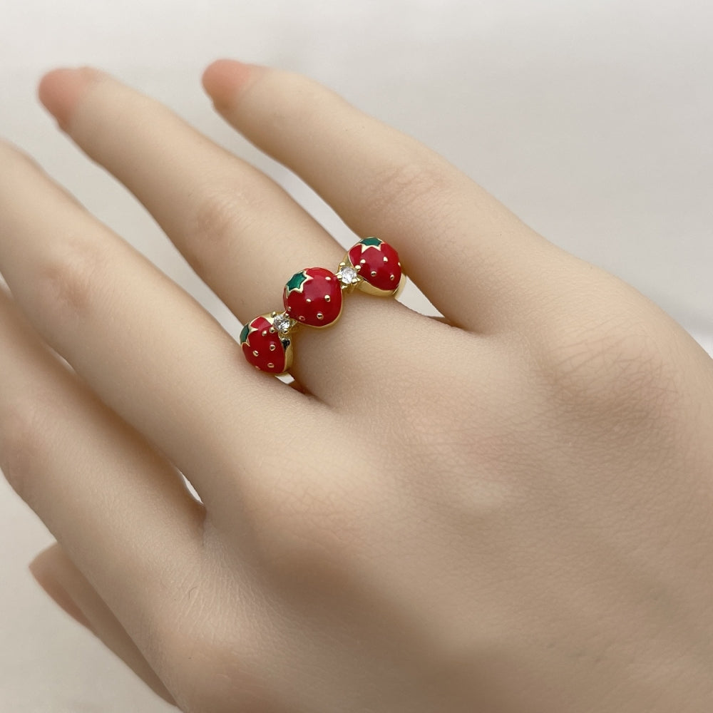 Oro Laminado Multi Stone Ring, Gold Filled Style Strawberry Design, with White Cubic Zirconia, Red Enamel Finish, Golden Finish