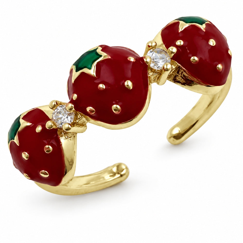 Oro Laminado Multi Stone Ring, Gold Filled Style Strawberry Design, with White Cubic Zirconia, Red Enamel Finish, Golden Finish