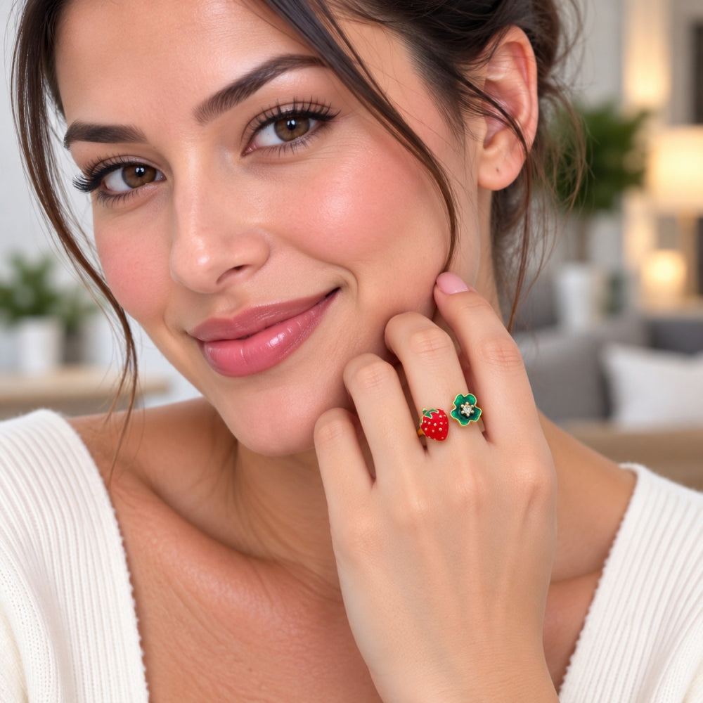 Oro Laminado Multi Stone Ring, Gold Filled Style Strawberry and Flower Design, with White Cubic Zirconia, Red Enamel Finish, Golden Finish