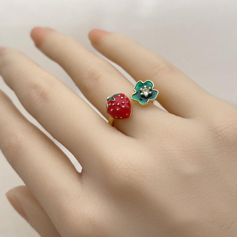Oro Laminado Multi Stone Ring, Gold Filled Style Strawberry and Flower Design, with White Cubic Zirconia, Red Enamel Finish, Golden Finish