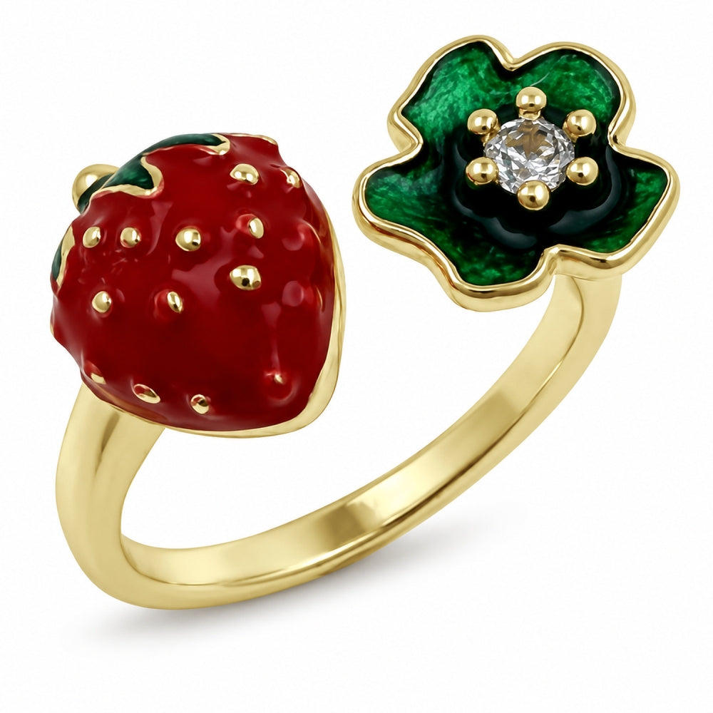 Oro Laminado Multi Stone Ring, Gold Filled Style Strawberry and Flower Design, with White Cubic Zirconia, Red Enamel Finish, Golden Finish
