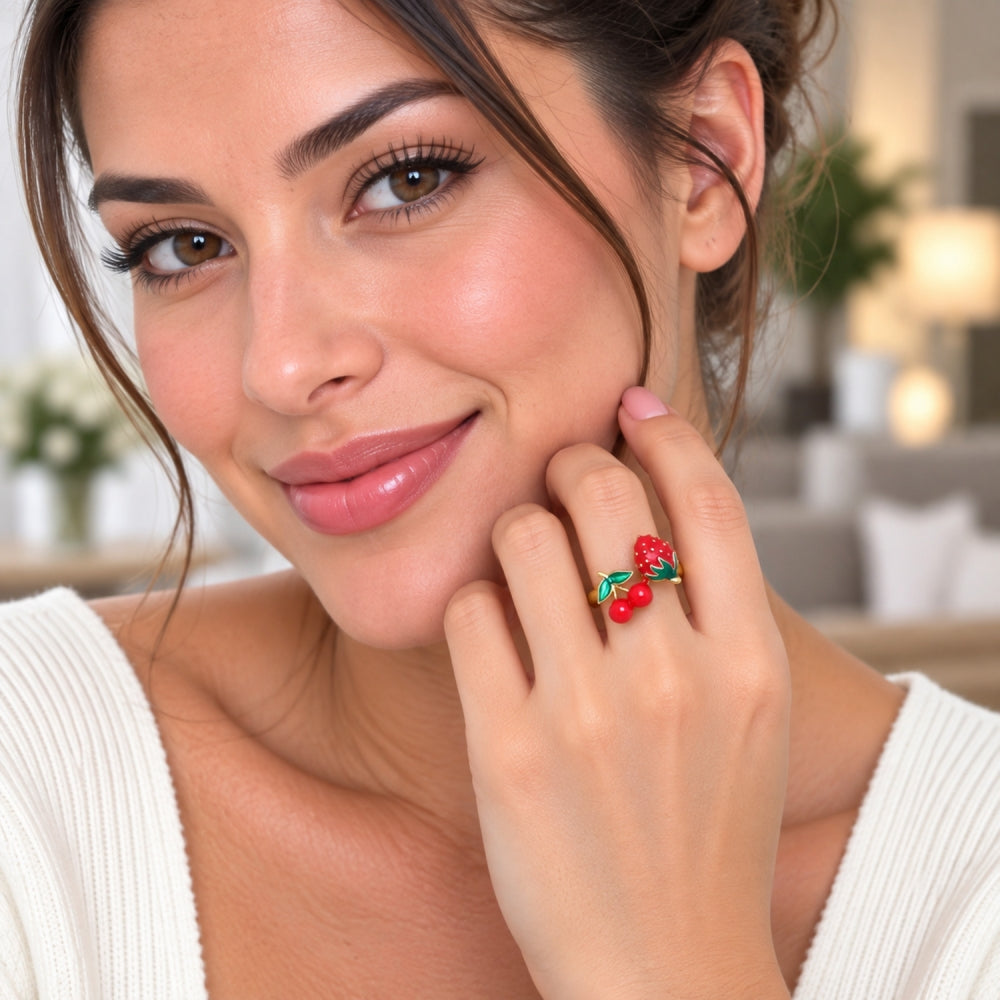 Oro Laminado Elegant Ring, Gold Filled Style Strawberry and Cherry Design, Red Enamel Finish, Golden Finish