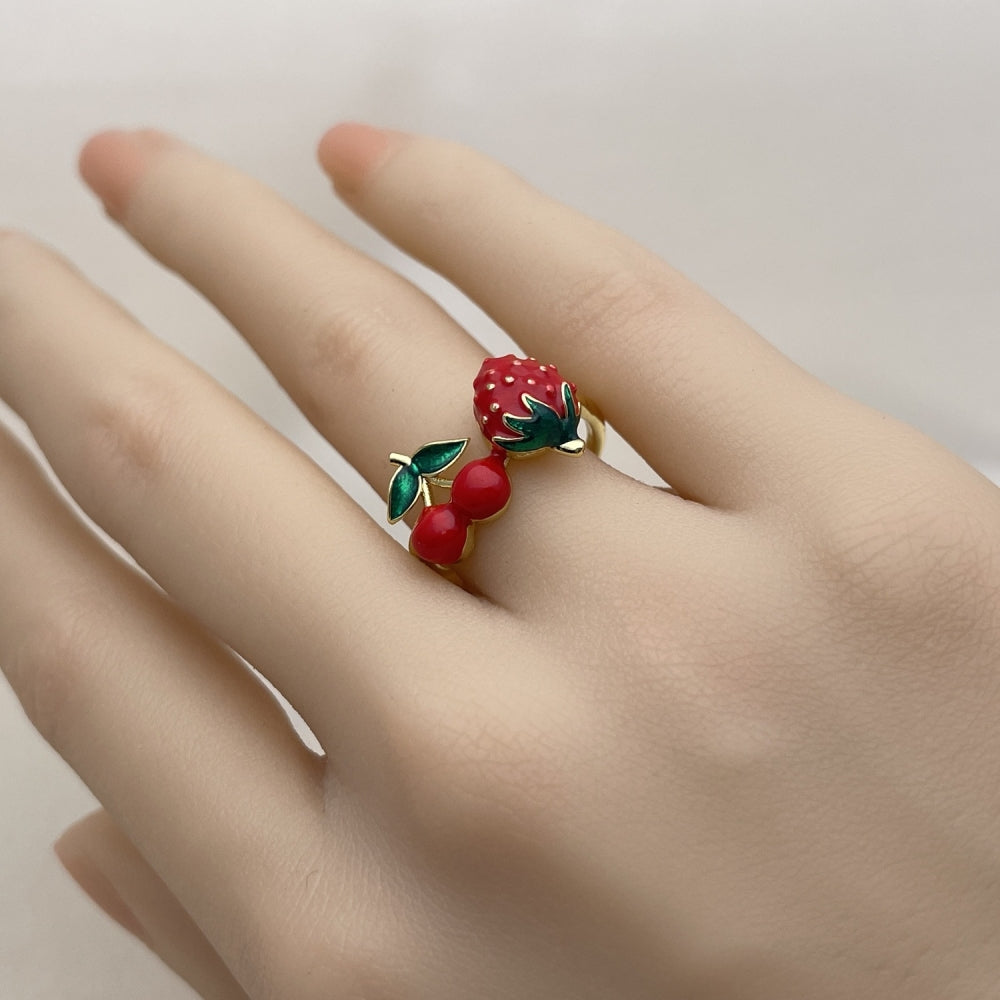 Oro Laminado Elegant Ring, Gold Filled Style Strawberry and Cherry Design, Red Enamel Finish, Golden Finish
