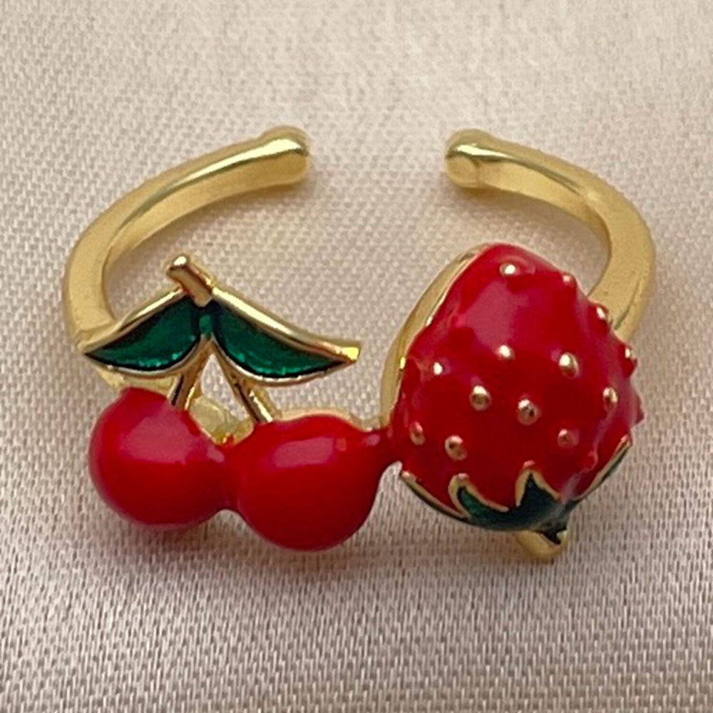 Oro Laminado Elegant Ring, Gold Filled Style Strawberry and Cherry Design, Red Enamel Finish, Golden Finish