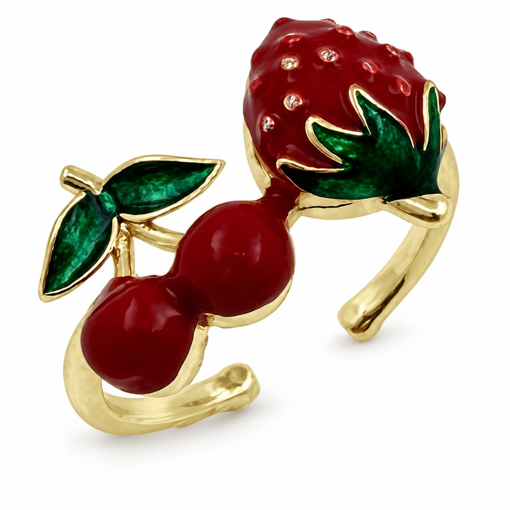 Oro Laminado Elegant Ring, Gold Filled Style Strawberry and Cherry Design, Red Enamel Finish, Golden Finish