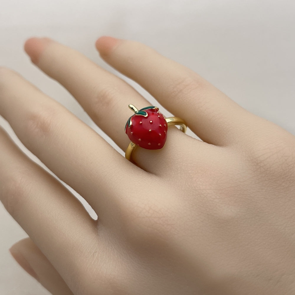 Oro Laminado Elegant Ring, Gold Filled Style Strawberry Design, Red Enamel Finish, Golden Finish