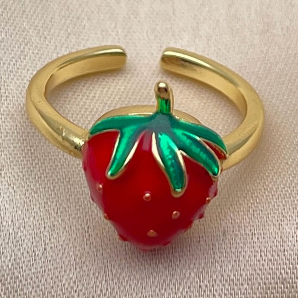 Oro Laminado Elegant Ring, Gold Filled Style Strawberry Design, Red Enamel Finish, Golden Finish