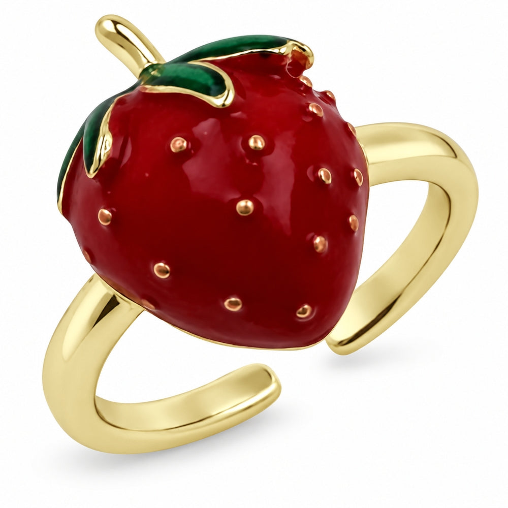 Oro Laminado Elegant Ring, Gold Filled Style Strawberry Design, Red Enamel Finish, Golden Finish