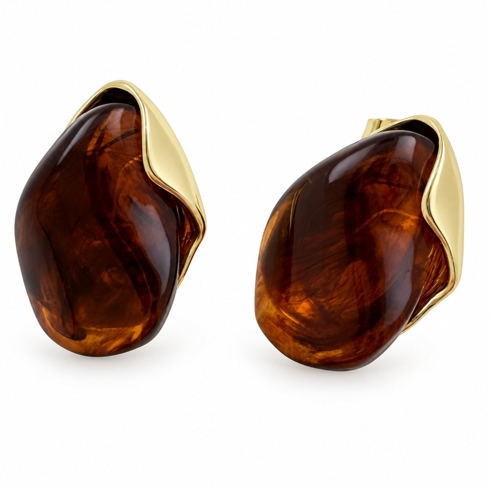 Oro Laminado Stud Earring, Gold Filled Style Teardrop Design, Brown Resin Finish, Golden Finish