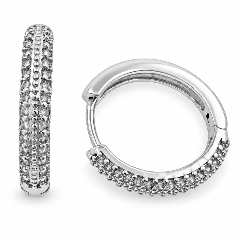 White Gold Filled Huggie Hoop, with White Micro Pave, Polished, Rhodium Finish