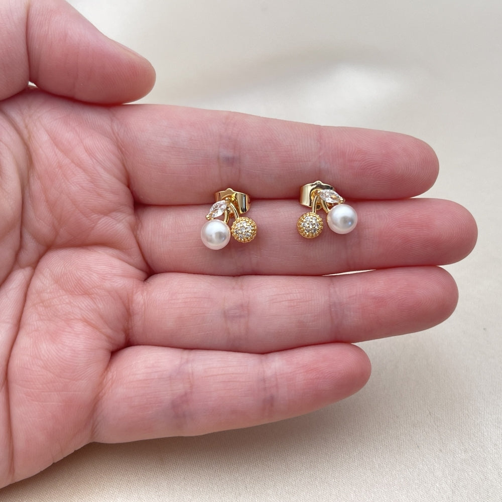 Oro Laminado Stud Earring, Gold Filled Style Cherry Design, with Ivory Pearl and White Cubic Zirconia, Polished, Golden Finish