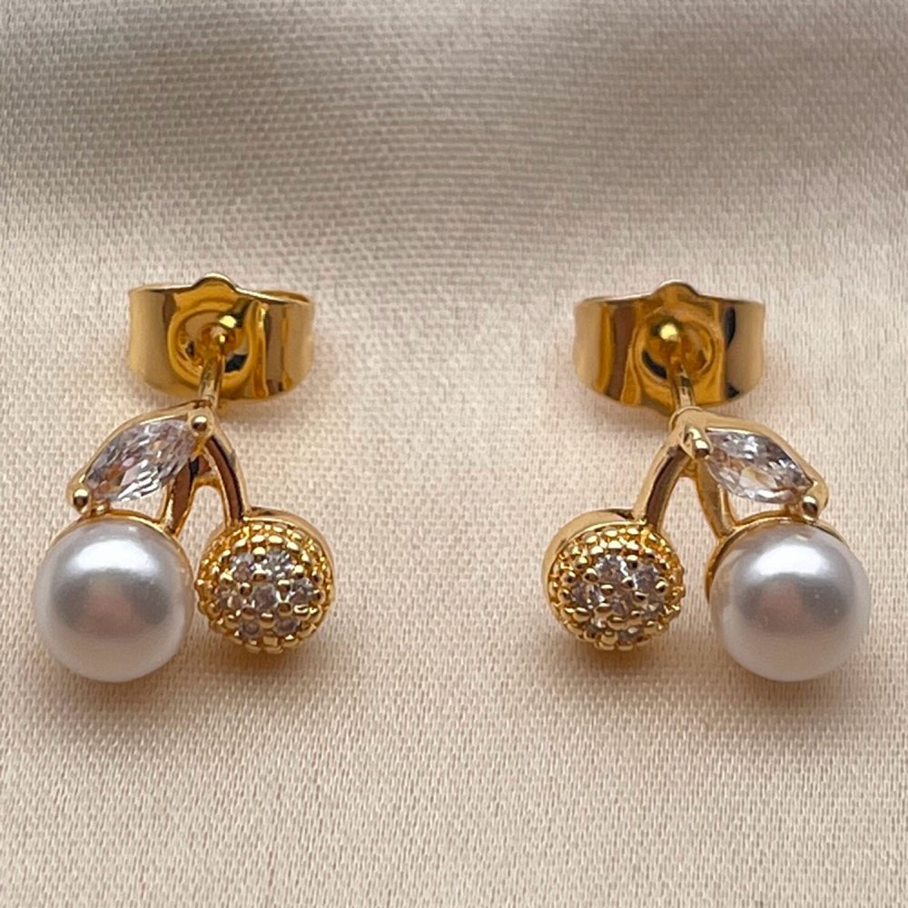 Oro Laminado Stud Earring, Gold Filled Style Cherry Design, with Ivory Pearl and White Cubic Zirconia, Polished, Golden Finish