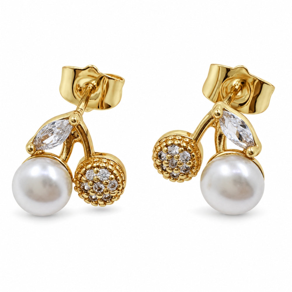 Oro Laminado Stud Earring, Gold Filled Style Cherry Design, with Ivory Pearl and White Cubic Zirconia, Polished, Golden Finish