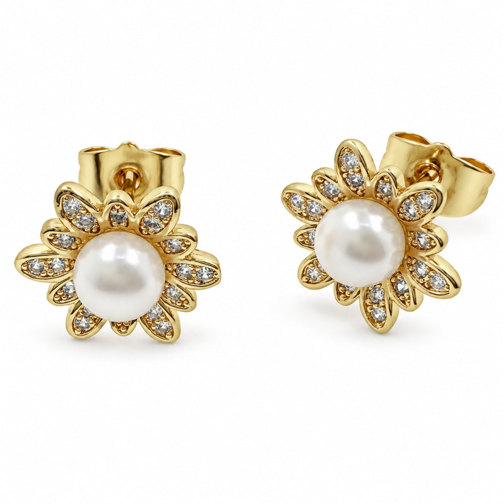 Oro Laminado Stud Earring, Gold Filled Style Flower Design, with Ivory Pearl and White Micro Pave, Polished, Golden Finish