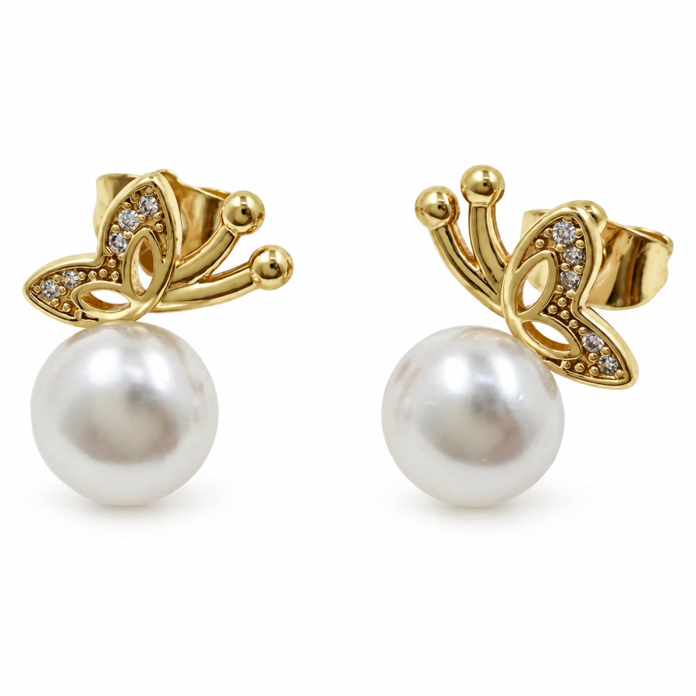 Oro Laminado Stud Earring, Gold Filled Style Butterfly Design, with Ivory Pearl and White Micro Pave, Polished, Golden Finish