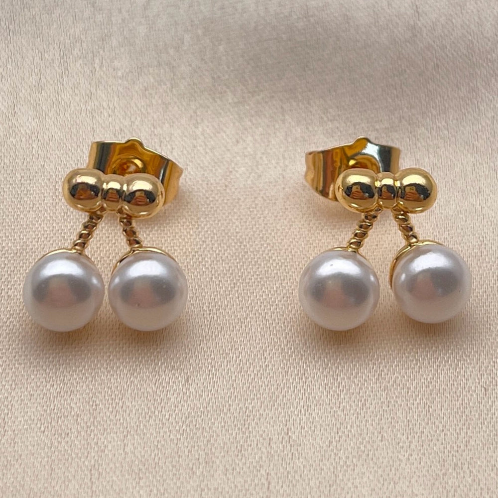 Oro Laminado Stud Earring, Gold Filled Style Cherry and Bow Design, with Ivory Pearl, Polished, Golden Finish