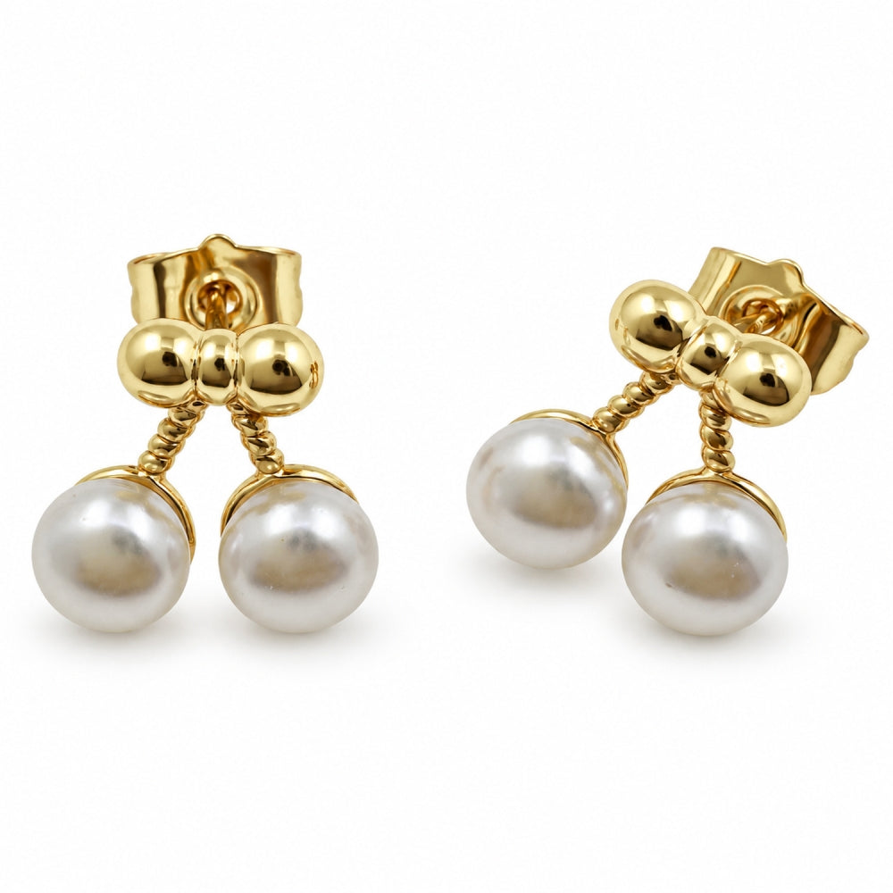Oro Laminado Stud Earring, Gold Filled Style Cherry and Bow Design, with Ivory Pearl, Polished, Golden Finish