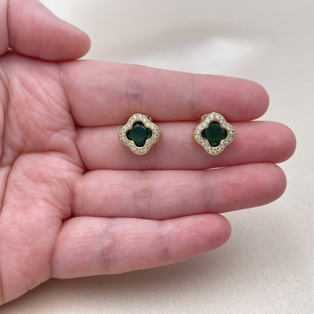 Oro Laminado Stud Earring, Gold Filled Style Four-leaf Clover and Cluster Design, with Green Cubic Zirconia and White Micro Pave, Polished, Golden Finish