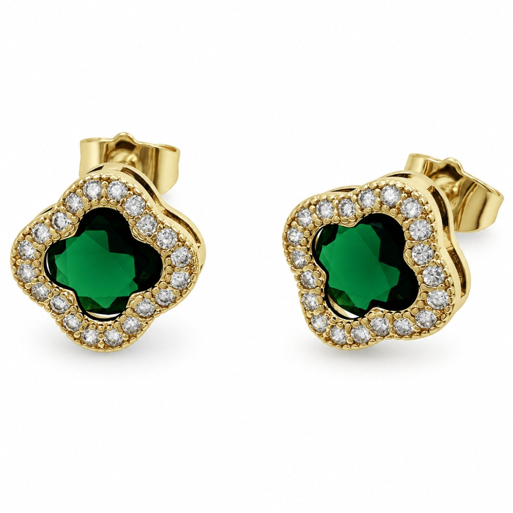 Oro Laminado Stud Earring, Gold Filled Style Four-leaf Clover and Cluster Design, with Green Cubic Zirconia and White Micro Pave, Polished, Golden Finish