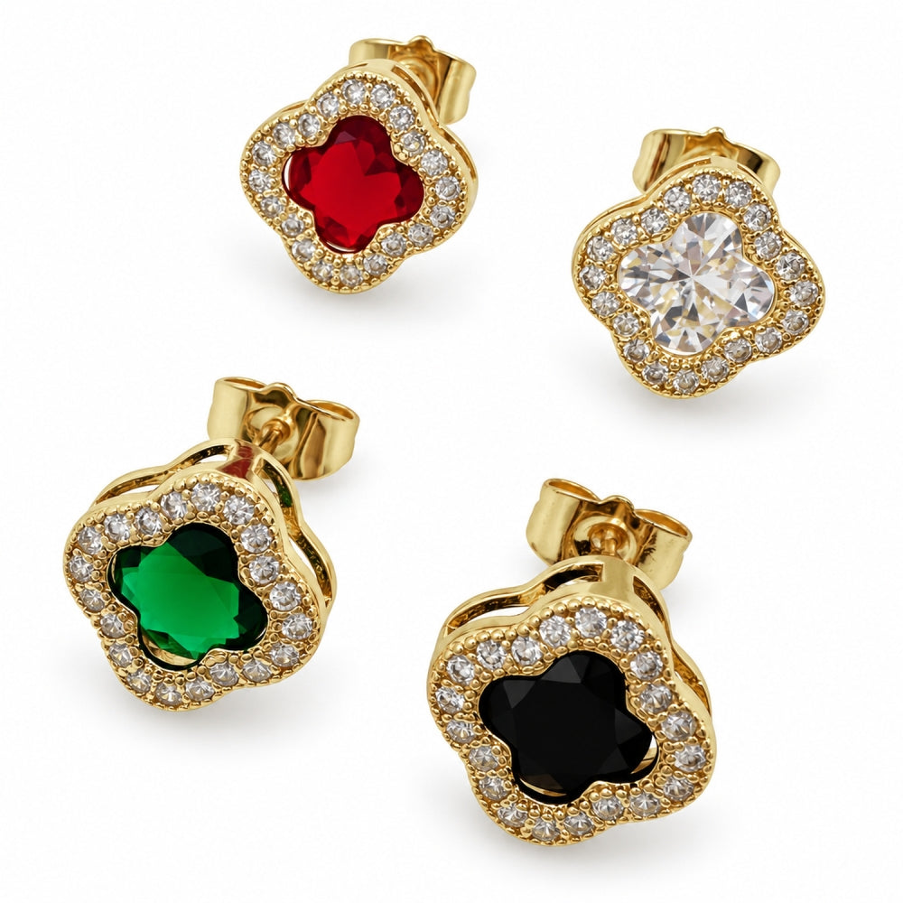 Oro Laminado Stud Earring, Gold Filled Style Four-leaf Clover and Cluster Design, with Green Cubic Zirconia and White Micro Pave, Polished, Golden Finish