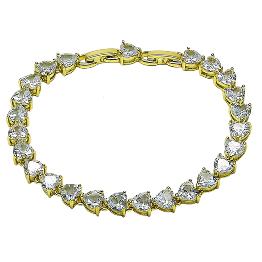 Oro Laminado Tennis Bracelet, Gold Filled Style Heart Design, with White Cubic Zirconia, Polished, Golden Finish