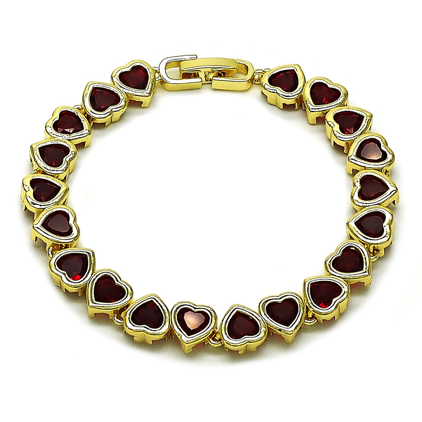 Gold Plated Gold Filled Oro Laminado Oro Laminado Tennis Bracelet, Gold Filled Style Heart Design, with Garnet Cubic Zirconia, Polished, Golden 