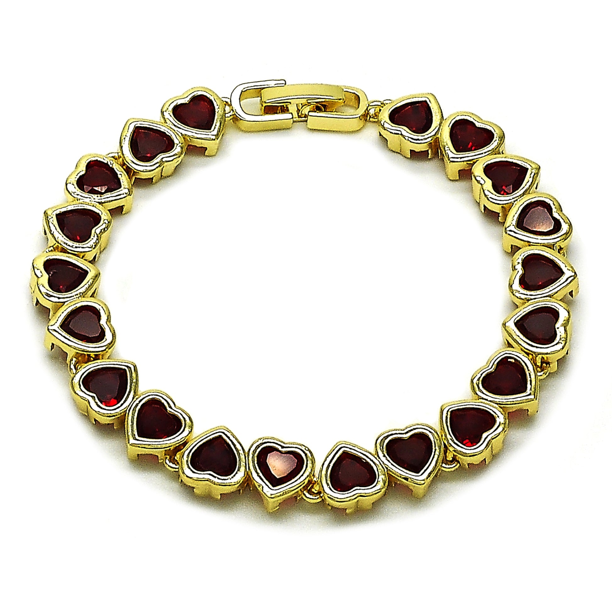 Gold Plated Gold Filled Oro Laminado Oro Laminado Tennis Bracelet, Gold Filled Style Heart Design, with Garnet Cubic Zirconia, Polished, Golden 