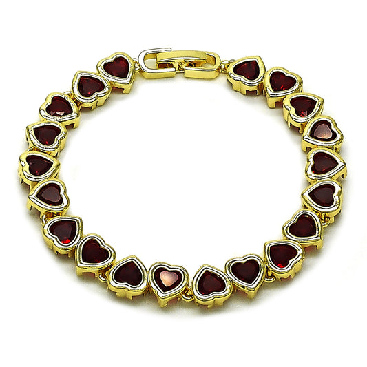 Gold Plated Gold Filled Oro Laminado Oro Laminado Tennis Bracelet, Gold Filled Style Heart Design, with Garnet Cubic Zirconia, Polished, Golden 