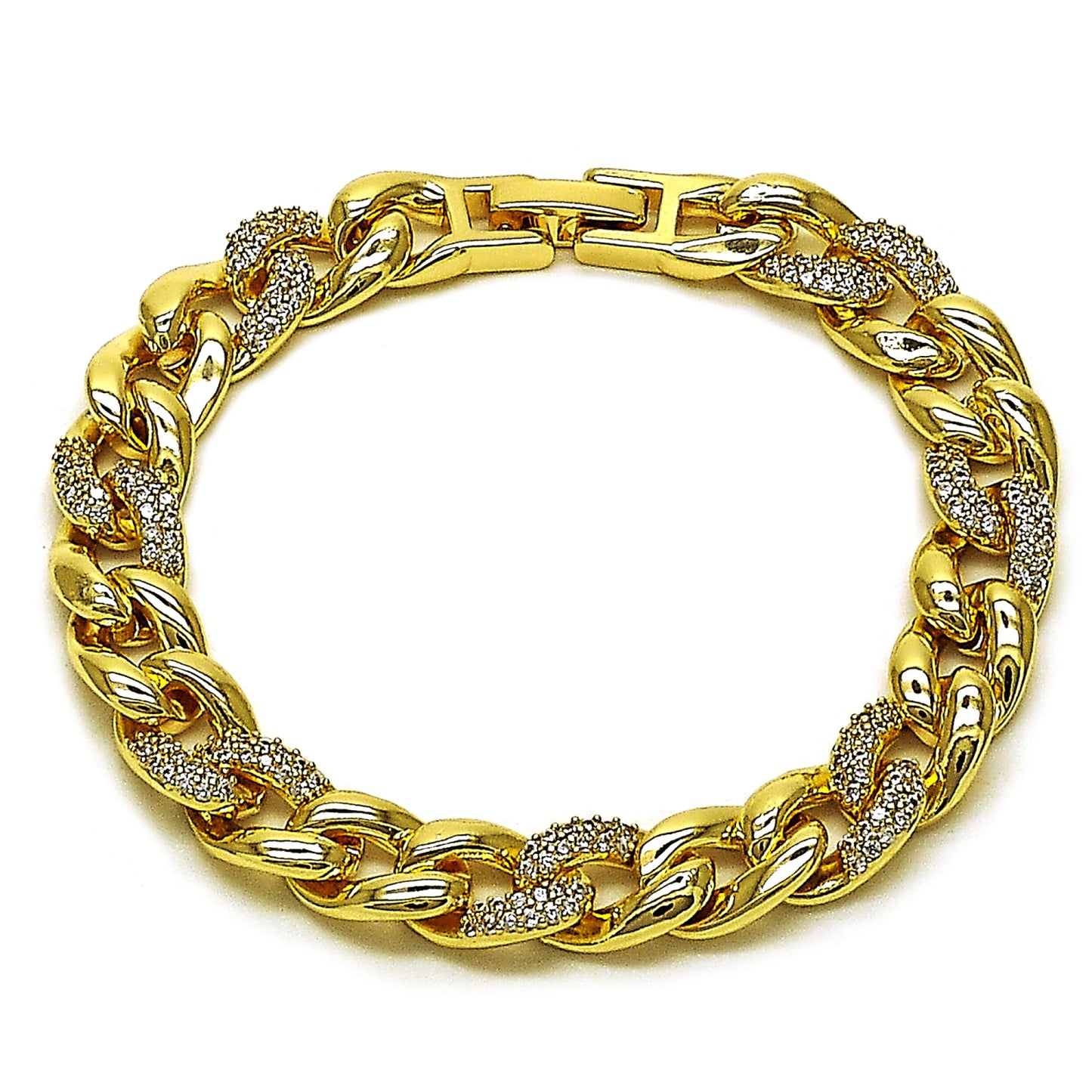 Gold Plated Gold Filled Oro Laminado Oro Laminado Fancy Bracelet, Gold Filled Style Miami Cuban Design, with White Cubic Zirconia, Polished, Golden 