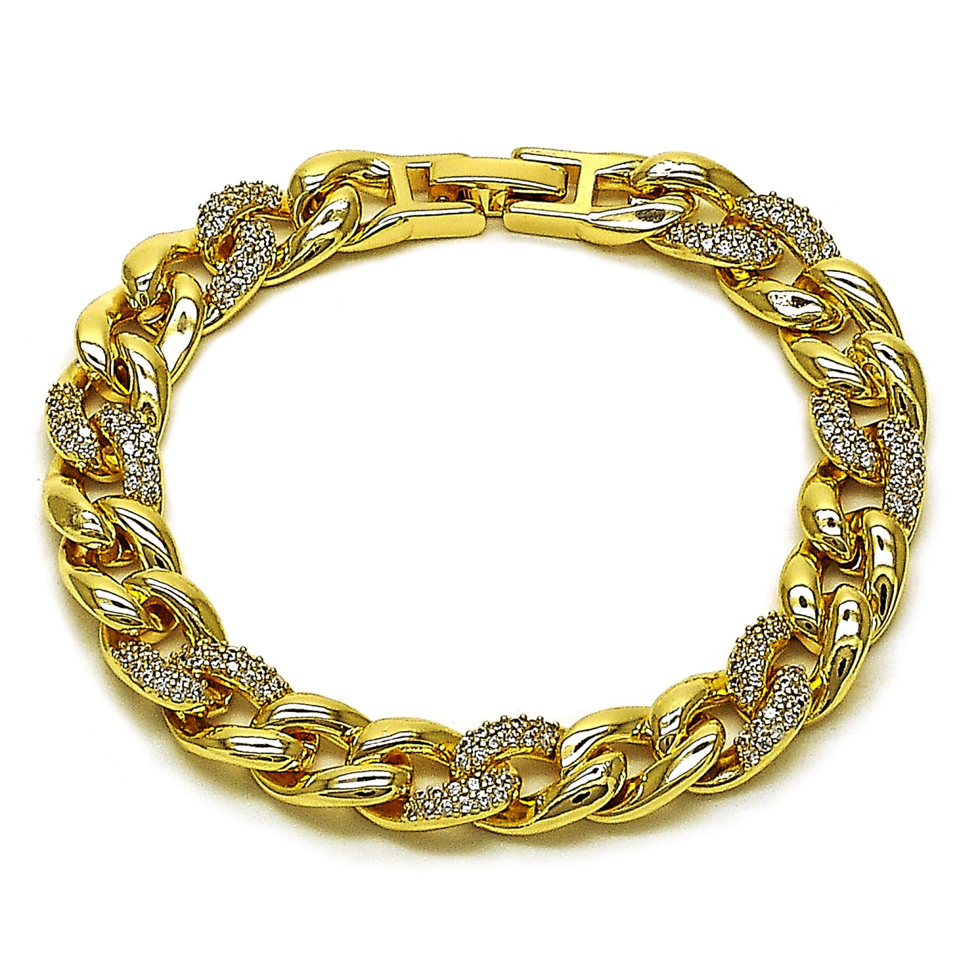 Gold Plated Gold Filled Oro Laminado Oro Laminado Fancy Bracelet, Gold Filled Style Miami Cuban Design, with White Cubic Zirconia, Polished, Golden 