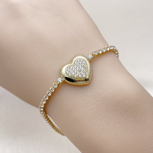 Oro Laminado Fancy Bracelet, Gold Filled Style Heart Design, with White Cubic Zirconia and White Micro Pave, Polished, Golden