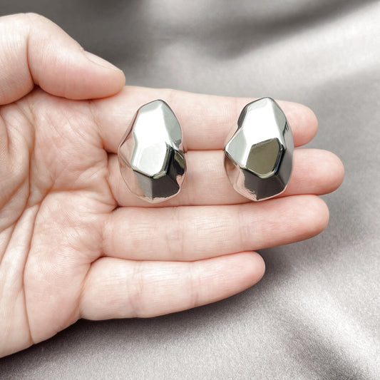 Rhodium Plated Stud Earring, Chunky Design, Polished, Rhodium