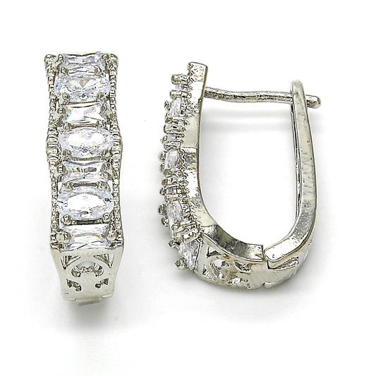 Rhodium Plated Huggie Hoop, with White Cubic Zirconia, Polished, Rhodium