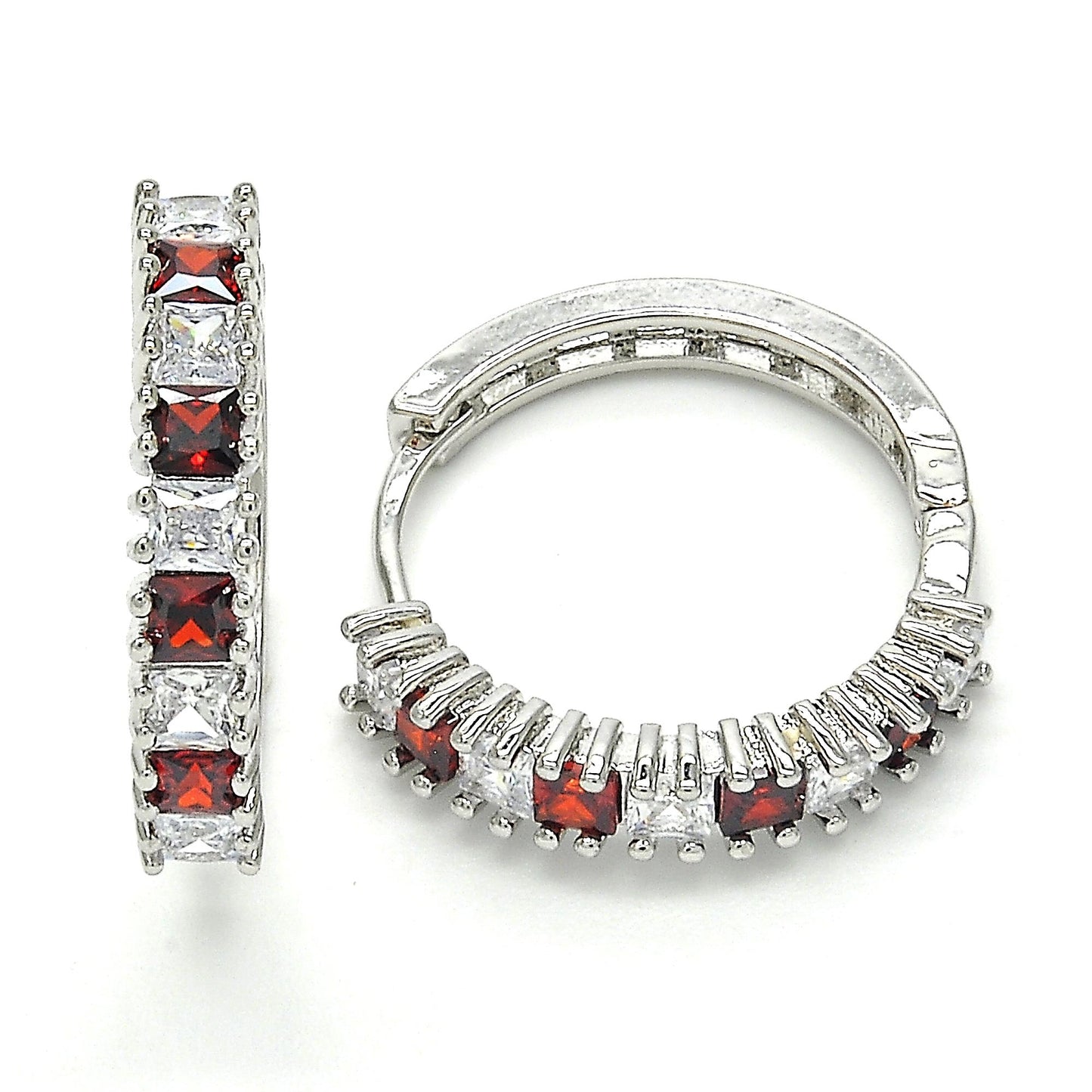 Rhodium Plated Huggie Hoop, with Garnet and White Cubic Zirconia, Polished, Rhodium