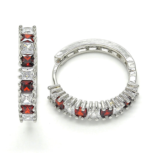 Rhodium Plated Huggie Hoop, with Garnet and White Cubic Zirconia, Polished, Rhodium