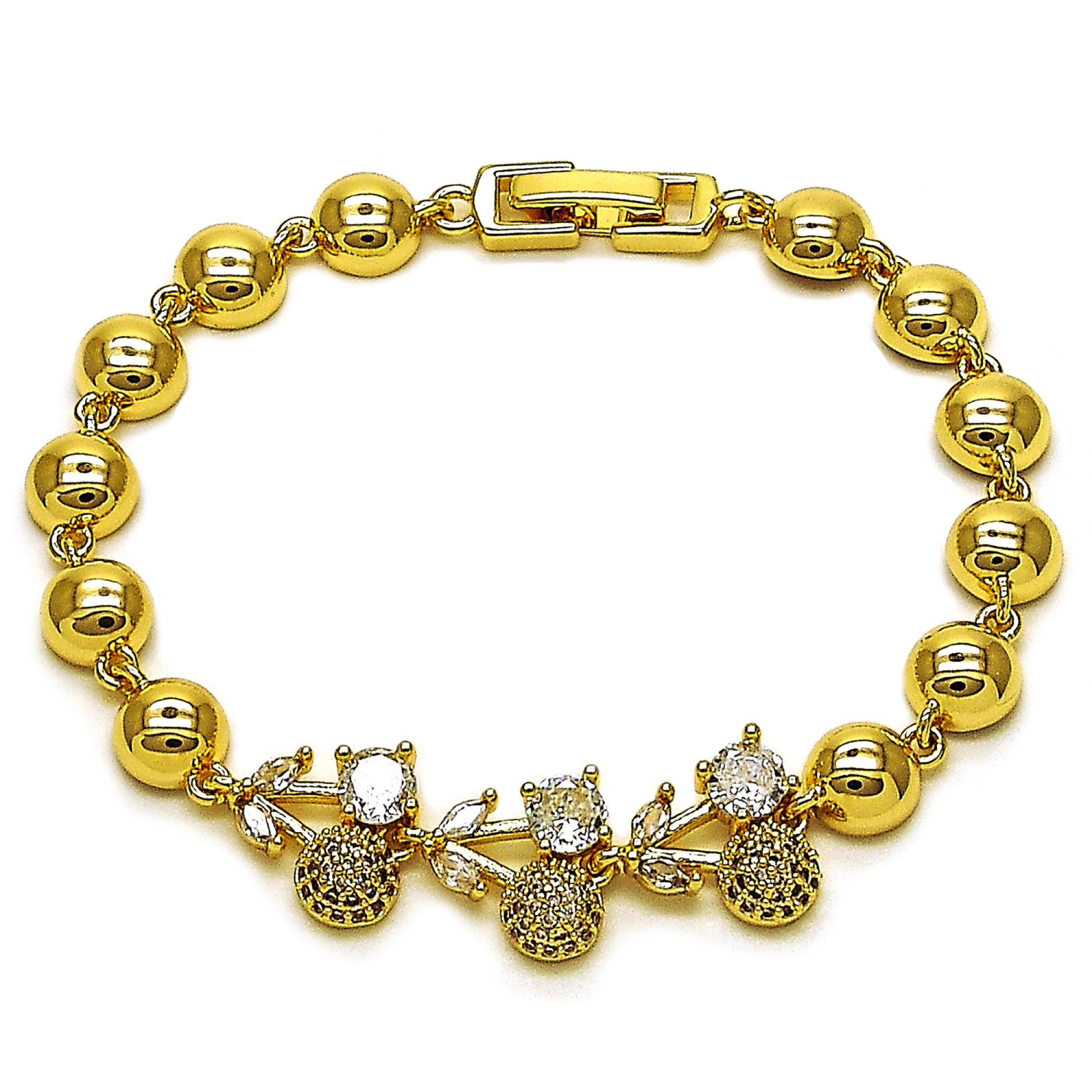 Gold Plated Gold Filled Oro Laminado Oro Laminado Fancy Bracelet, Gold Filled Style Cherry and Ball Design, with White Cubic Zirconia and White Micro Pave, Polished, Golden 