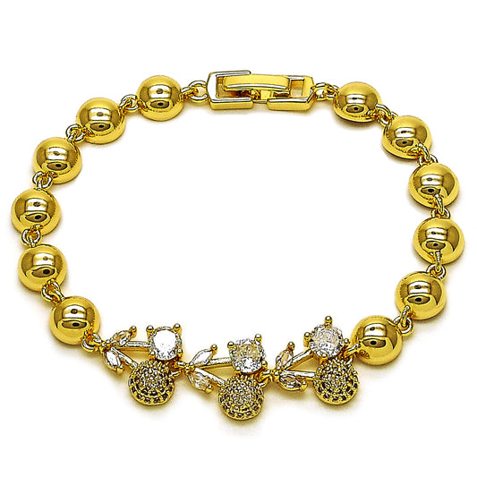 Gold Plated Gold Filled Oro Laminado Oro Laminado Fancy Bracelet, Gold Filled Style Cherry and Ball Design, with White Cubic Zirconia and White Micro Pave, Polished, Golden 