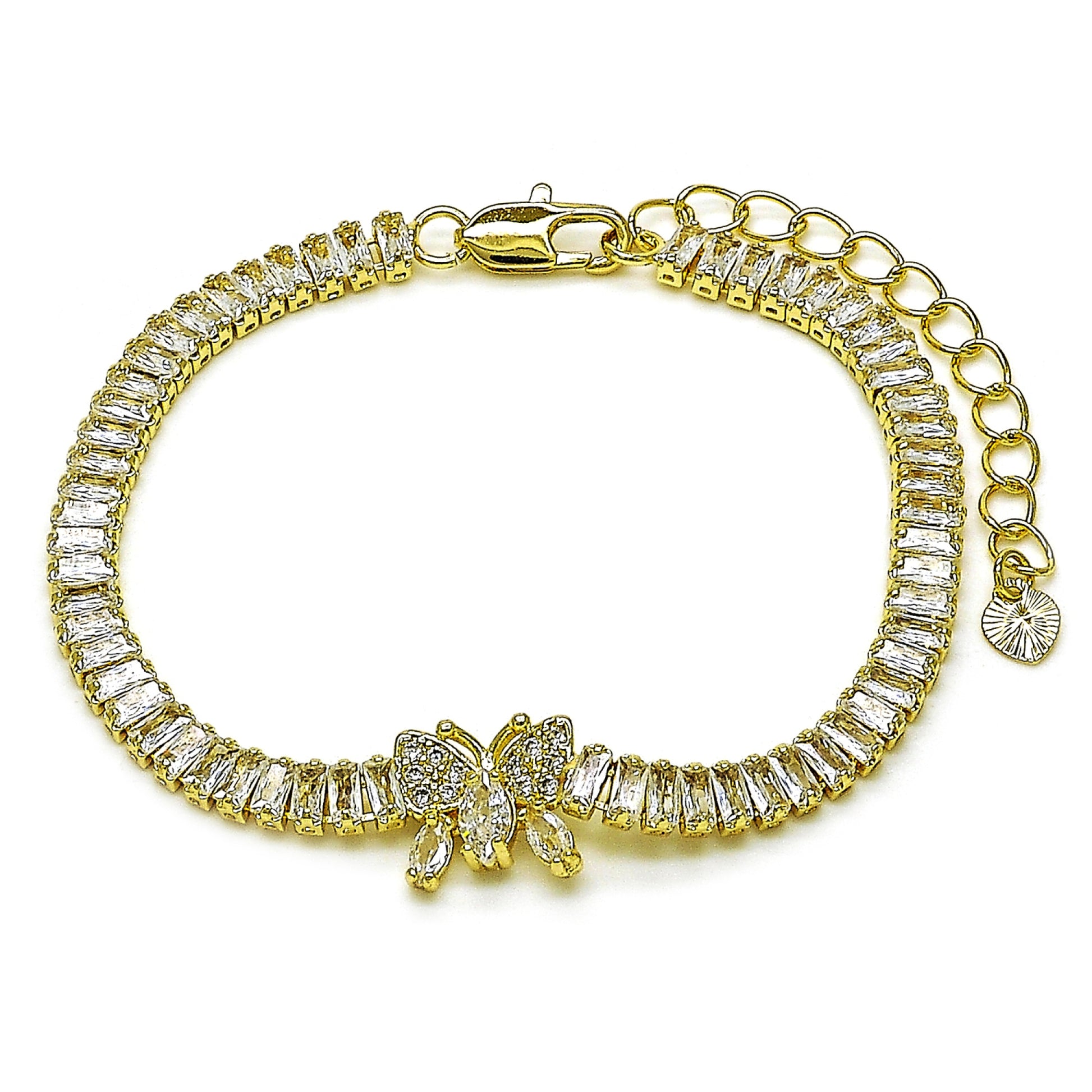 Gold Plated Gold Filled Oro Laminado Oro Laminado Fancy Bracelet, Gold Filled Style Butterfly and Baguette Design, with White Cubic Zirconia, Polished, Golden 