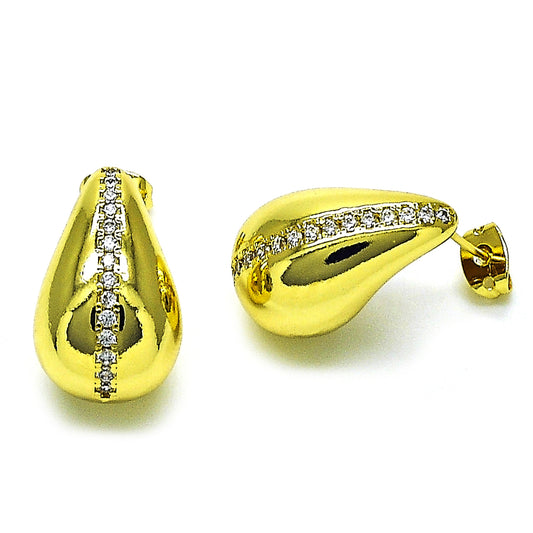 Gold Plated Gold Filled Oro Laminado Oro Laminado Stud Earring, Gold Filled Style Teardrop Design, with White Micro Pave, Polished, Golden 