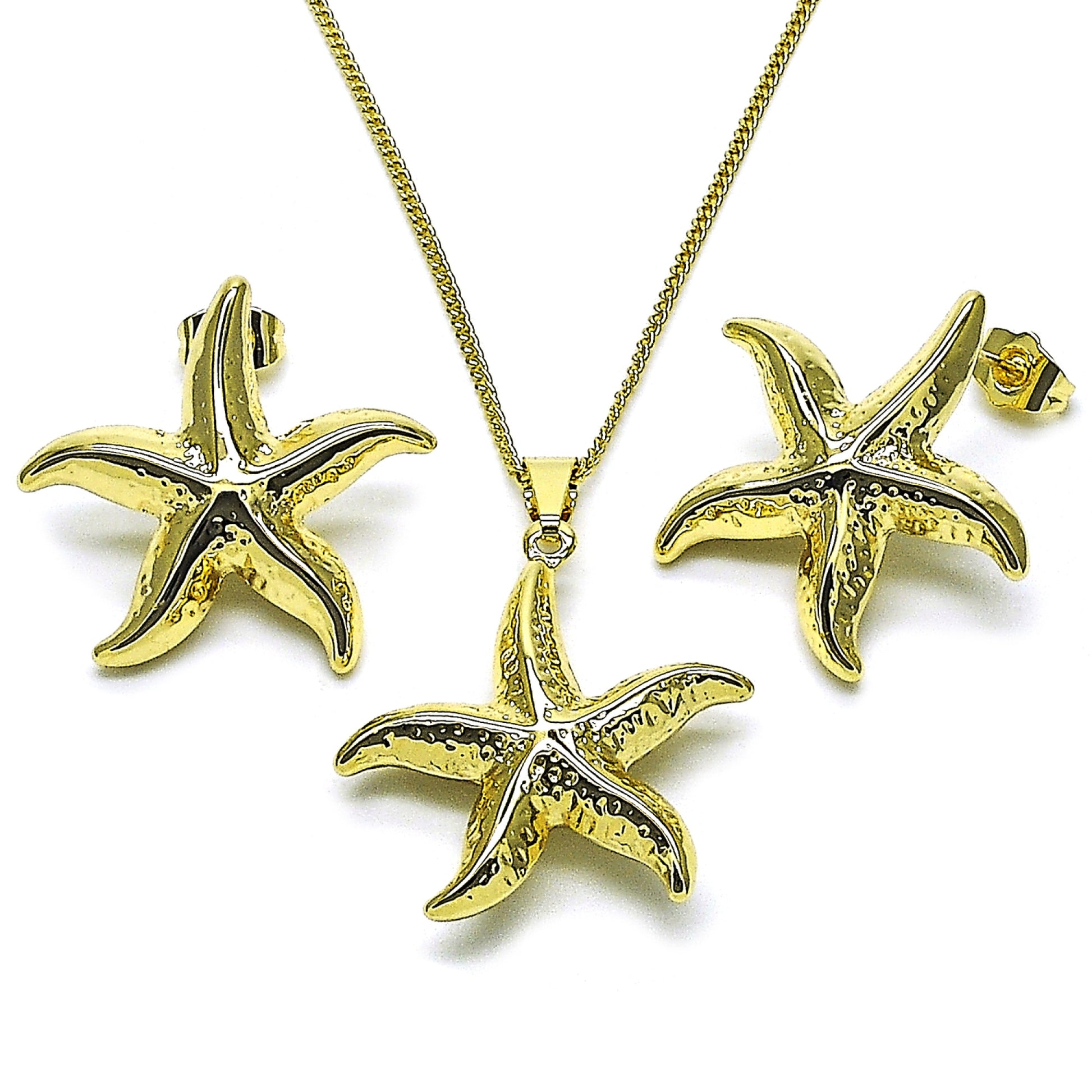 Gold Plated Gold Filled Oro Laminado Oro Laminado Earring and Pendant Adult Set, Gold Filled Style Star and Hollow Design, Polished, Golden 