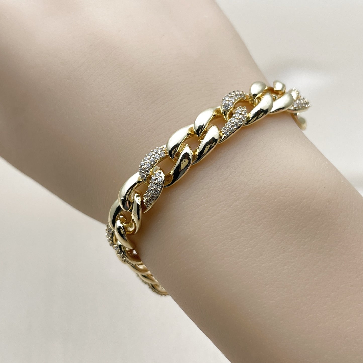 Oro Laminado Fancy Bracelet, Gold Filled Style Miami Cuban Design, with White Cubic Zirconia, Polished, Golden
