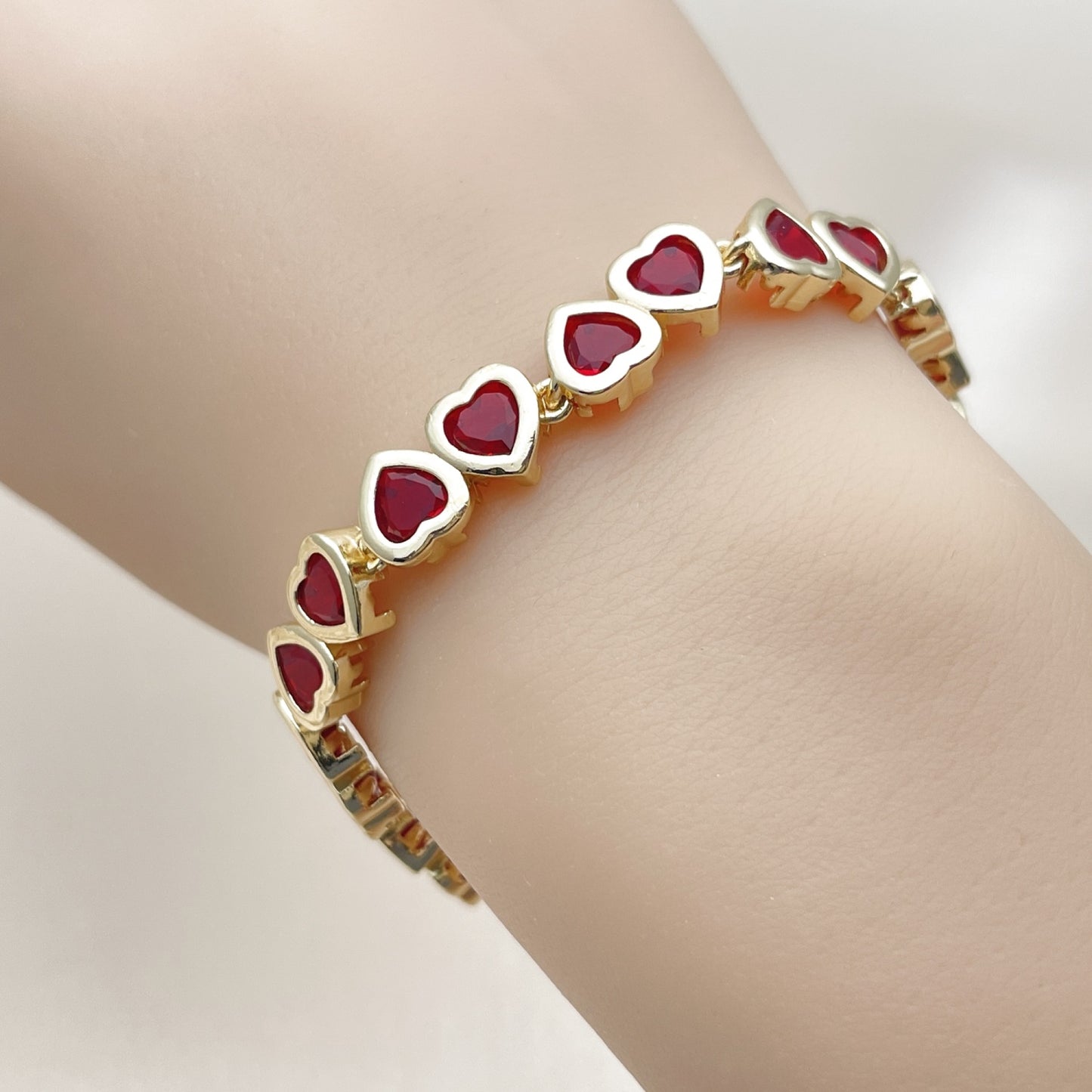 Oro Laminado Tennis Bracelet, Gold Filled Style Heart Design, with Garnet Cubic Zirconia, Polished, Golden