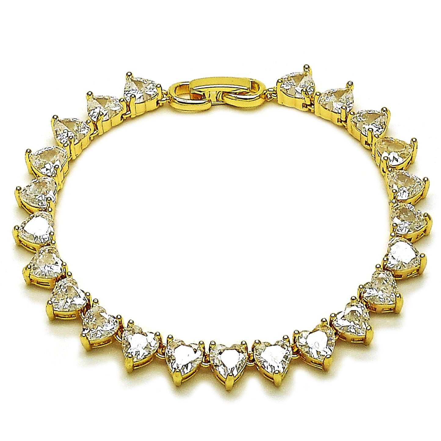 Gold Plated Gold Filled Oro Laminado Oro Laminado Tennis Bracelet, Gold Filled Style Heart Design, with White Cubic Zirconia, Polished, Golden 