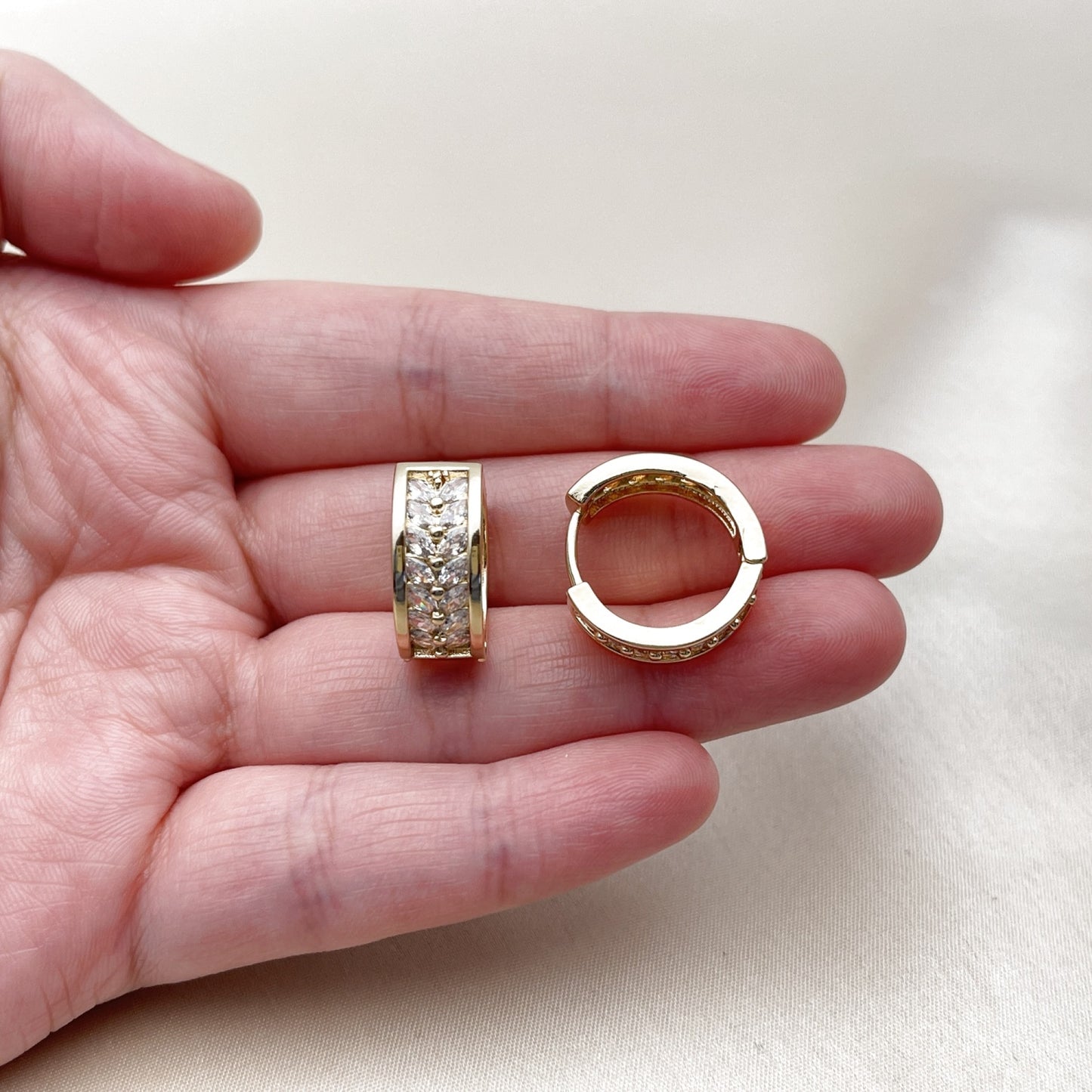 Oro Laminado Huggie Hoop, Gold Filled Style Baguette Design, with White Cubic Zirconia, Polished, Golden