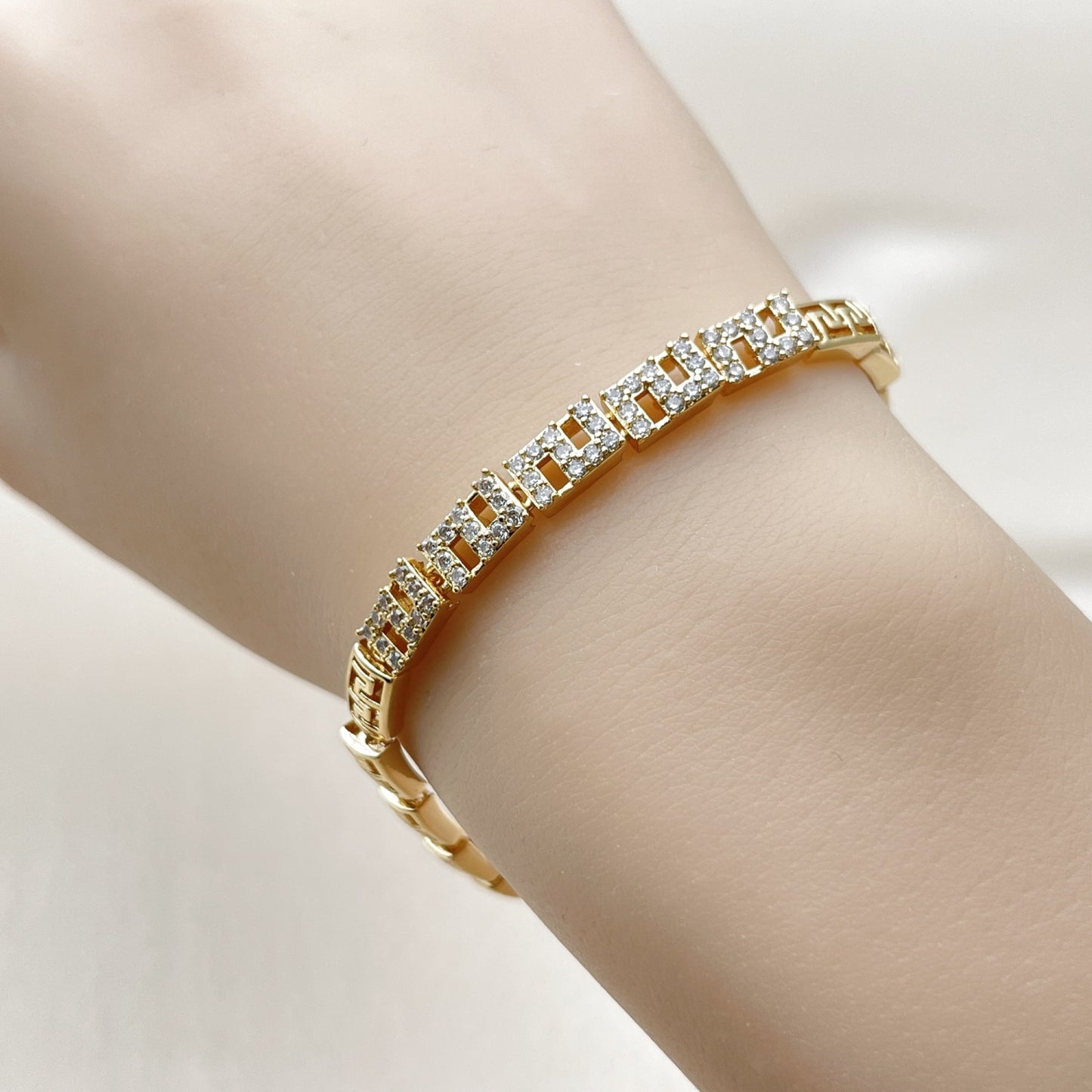 Oro Laminado Fancy Bracelet, Gold Filled Style Greek Key Design, with White Cubic Zirconia, Polished, Golden