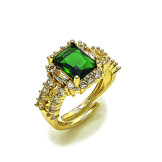 Gold Plated Gold Filled Oro Laminado Oro Laminado Multi Stone Ring, Gold Filled Style Cluster and Baguette Design, with Green and White Cubic Zirconia, Polished, Golden 
