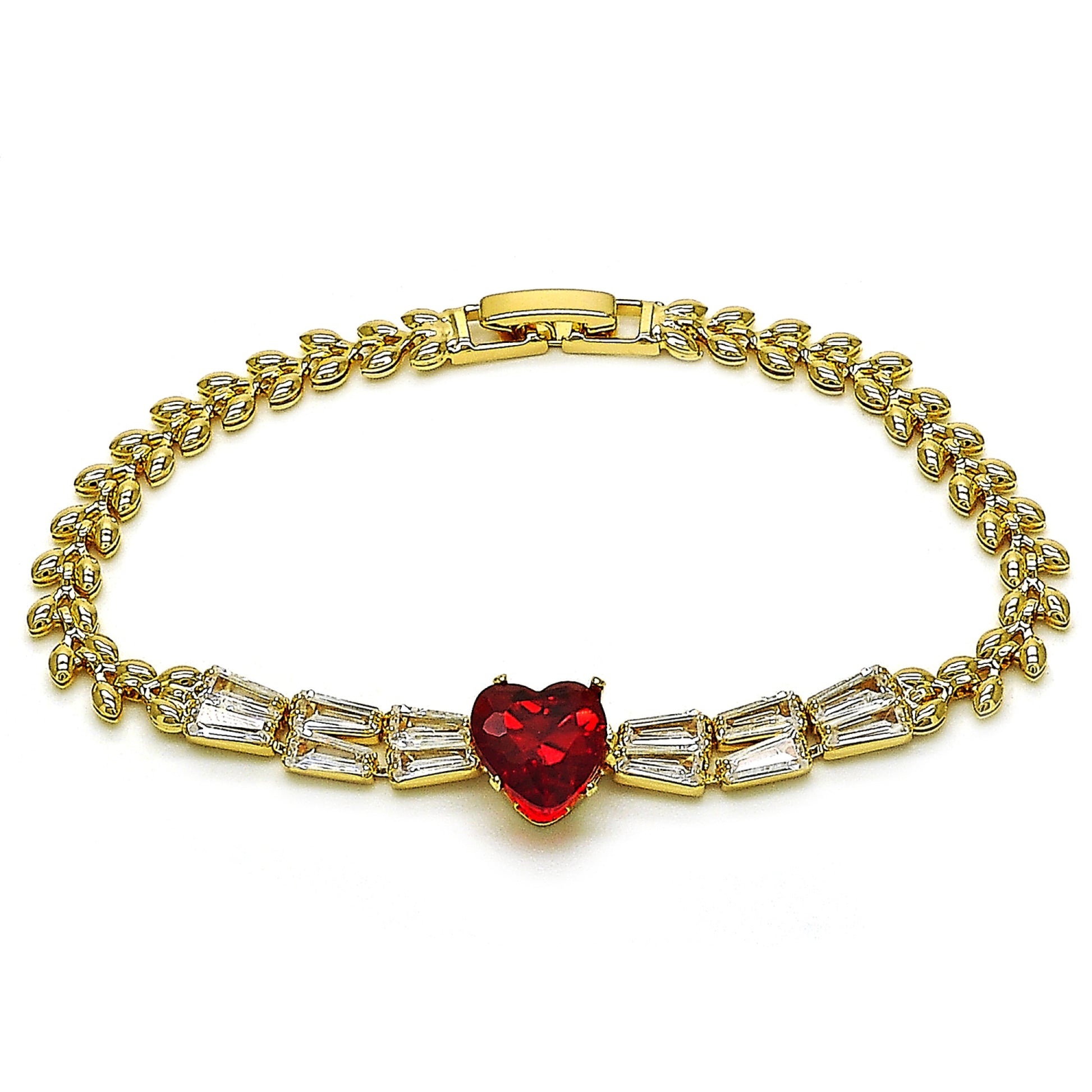Gold Plated Gold Filled Oro Laminado Oro Laminado Fancy Bracelet, Gold Filled Style Heart and Baguette Design, with Garnet and White Cubic Zirconia, Polished, Golden 