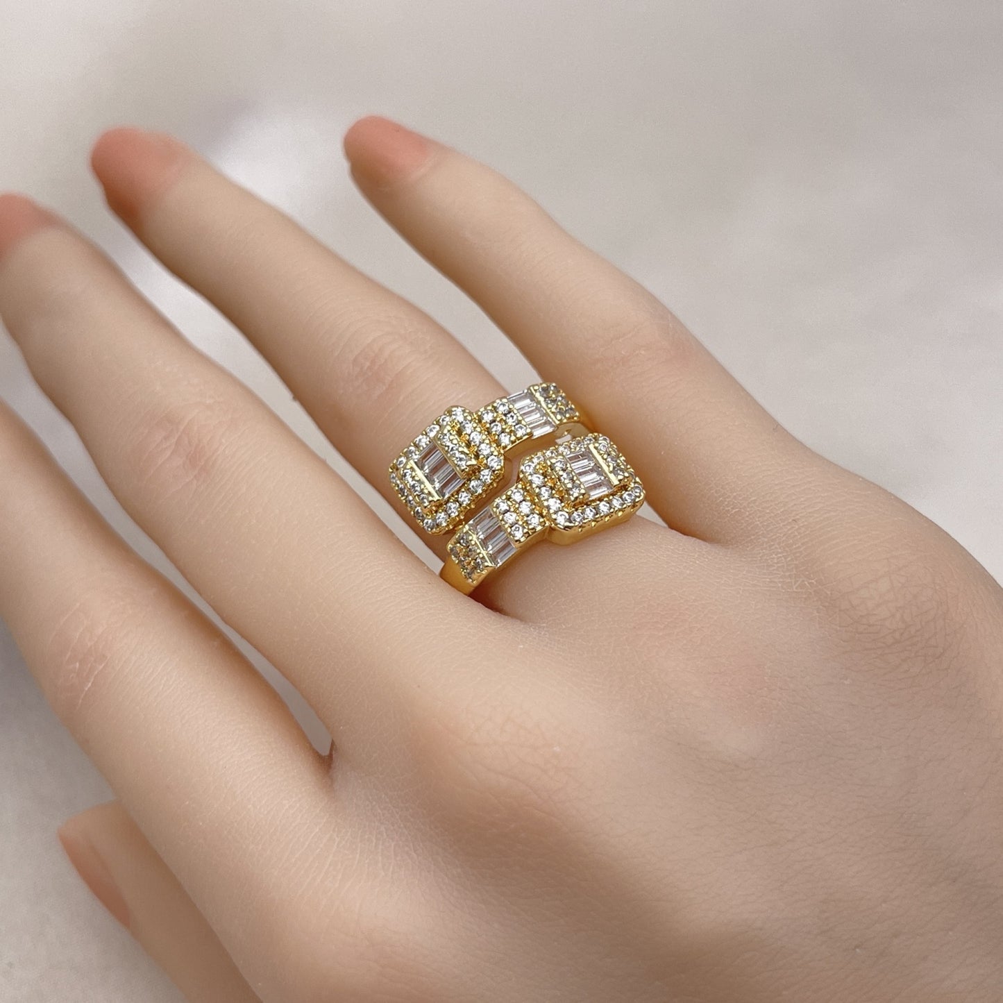 Oro Laminado Multi Stone Ring, Gold Filled Style Baguette Design, with White Cubic Zirconia and White Micro Pave, Polished, Golden